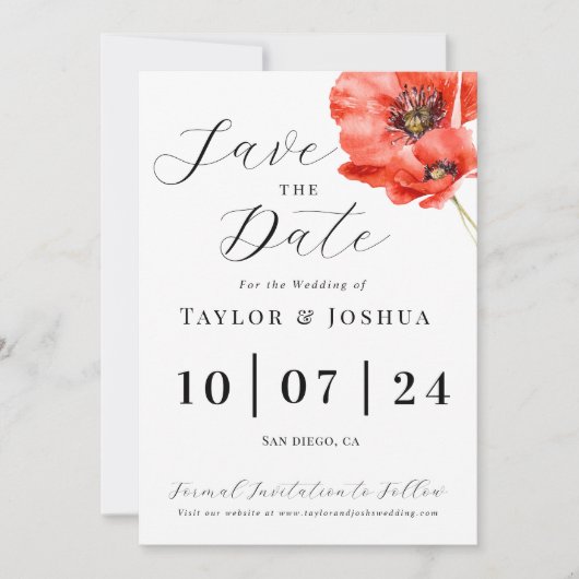 Invitation Mariage Poppy Rouge Moderne | Floral | Enregistrer (Devant)