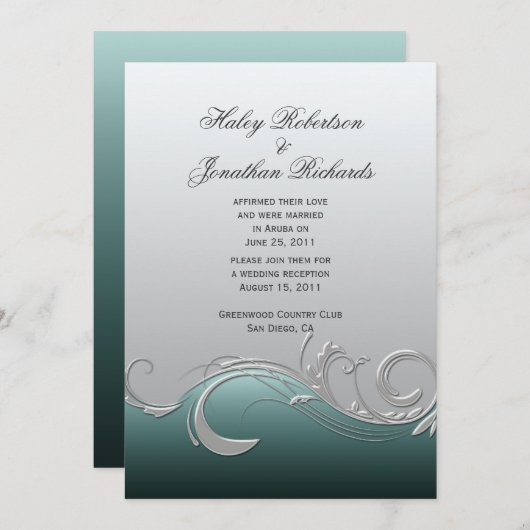 Invitation Mariage postal turquoise Argent (Devant / Derrière)