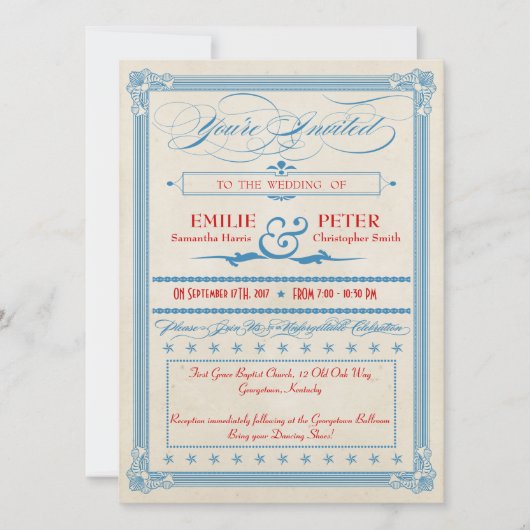 Invitation Mariage poster vintage rouge, blanc et bleu (Devant)