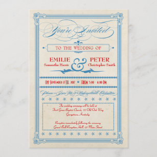 Invitation Mariage poster vintage rouge, blanc et bleu, RSVP