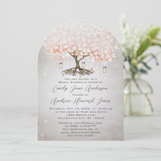 Invitation Mariage Pot Mason Rose Peach Coeur Feuille Arbre (Debout devant)