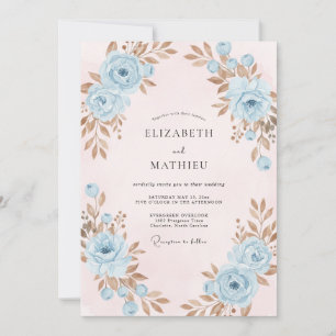 Invitation Mariage Poudre Bleu Cuivre Feuillu