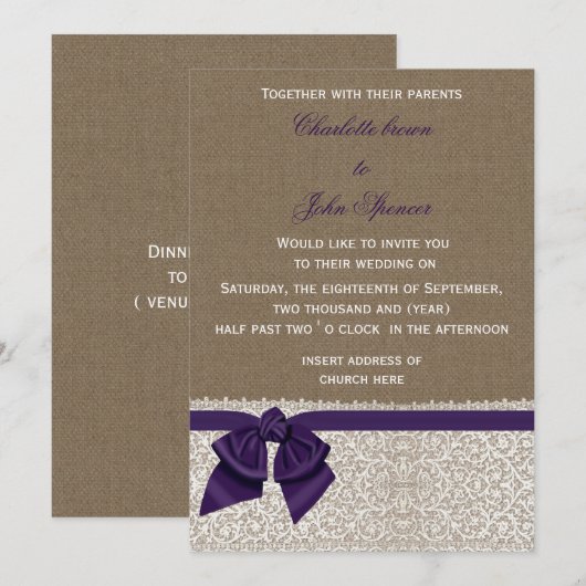 Invitation Mariage pourpre Burlap et dentelle (Devant / Derrière)