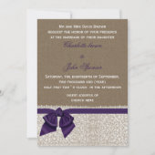 Invitation Mariage pourpre Burlap et dentelle (Devant)