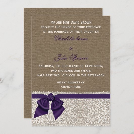 Invitation Mariage pourpre Burlap et dentelle (Devant / Derrière)
