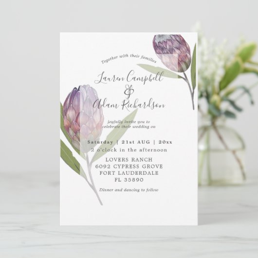 Invitation Mariage pourpre de Protea botanique moderne (Debout devant)