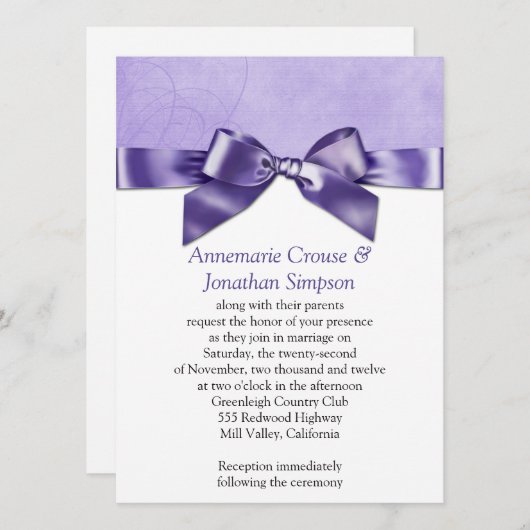 Invitation Mariage pourpre de ruban de satin (Devant / Derrière)