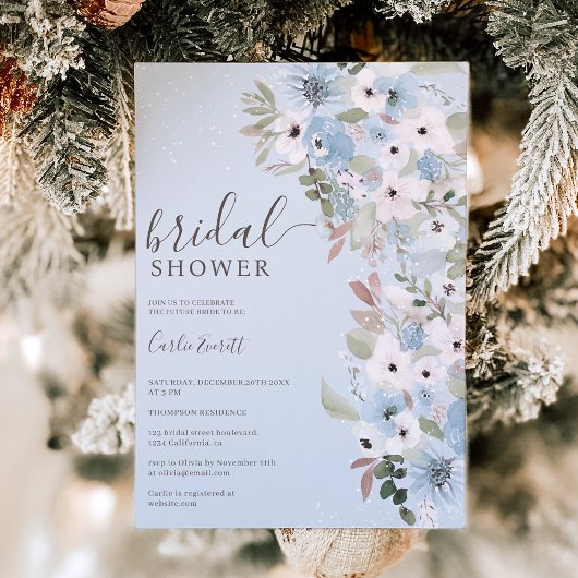 Invitation Mariage poussiéreux bleu floral neige glace douche