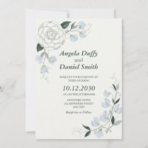 Invitation Mariage poussiéreux bleu ivoire blanc Rose