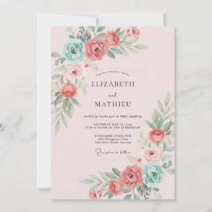 Invitation Mariage poussiéreux corail aqua fleur