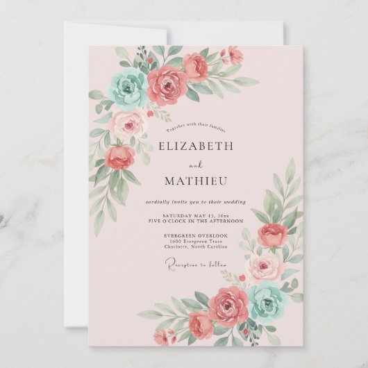 Invitation Mariage poussiéreux corail aqua fleur (Devant)