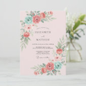 Invitation Mariage poussiéreux corail aqua fleur (Debout devant)
