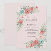 Invitation Mariage poussiéreux corail aqua fleur (Devant / Derrière)