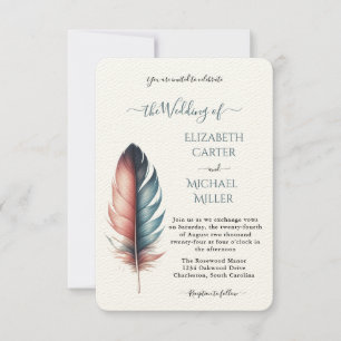 Invitation Mariage Poussiéreux Rose Turquoise Plume Romantiqu