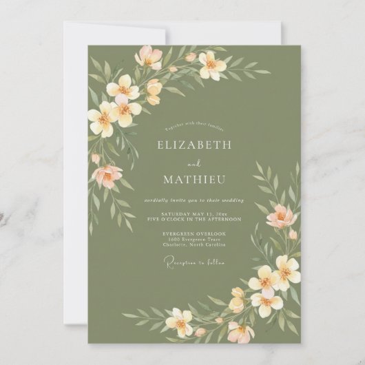 Invitation Mariage Prairie de Flore de Pêche Vert Sauge (Devant)