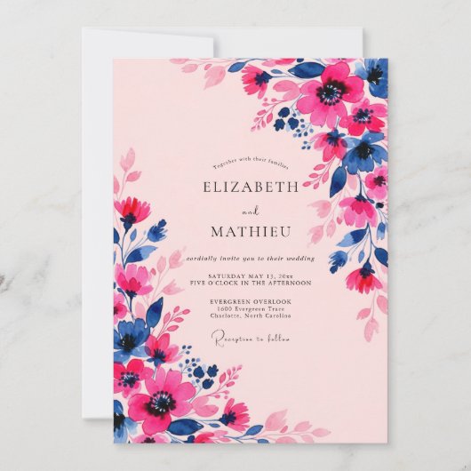 Invitation Mariage printanier à floraison d'indigo fuchsia (Devant)