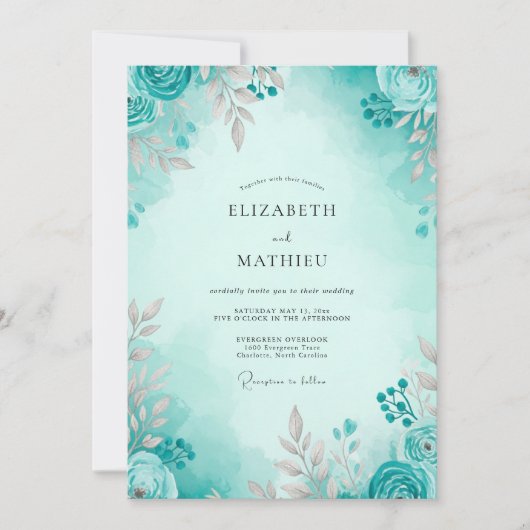 Invitation Mariage printanier aérien sarcelle (Devant)
