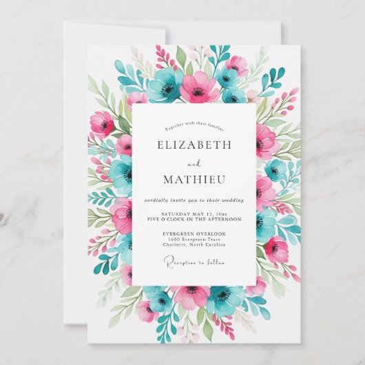 Invitation Mariage printanier animé sarcelle fuchsia (Devant)