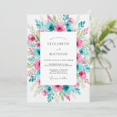 Invitation Mariage printanier animé sarcelle fuchsia (Debout devant)