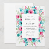 Invitation Mariage printanier animé sarcelle fuchsia (Devant / Derrière)