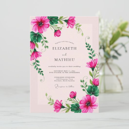 Invitation Mariage printanier botanique fantaisiste fuchsia (Debout devant)