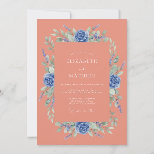 Invitation Mariage Printanier Corail Bleu Vif (Devant)
