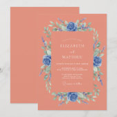 Invitation Mariage Printanier Corail Bleu Vif (Devant / Derrière)