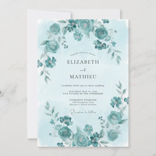 Invitation Mariage printanier cyan immaculé (Devant)
