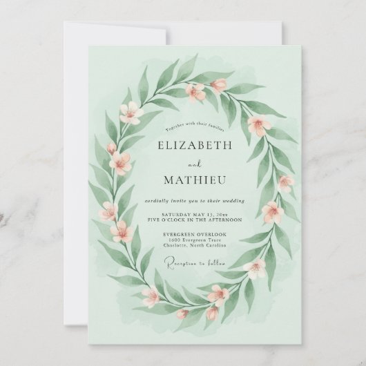 Invitation Mariage Printanier Doux Vert Menthe (Devant)