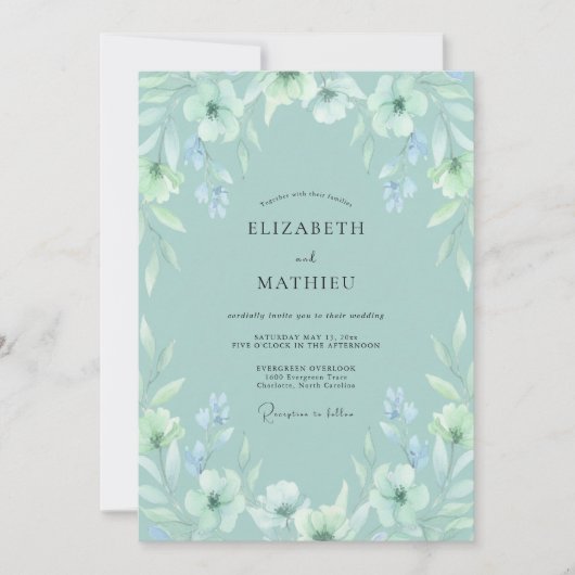 Invitation Mariage printanier éthéré vert écume de mer (Devant)