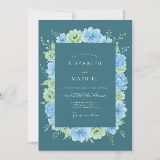 Invitation Mariage printanier fleuri de sarcelle (Devant)