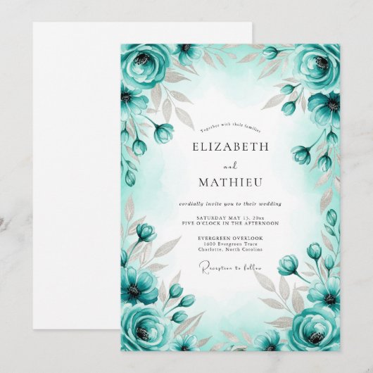 Invitation Mariage printanier gracieux turquoise (Devant / Derrière)