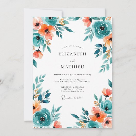 Invitation Mariage printanier luxuriant sarcelle (Devant)