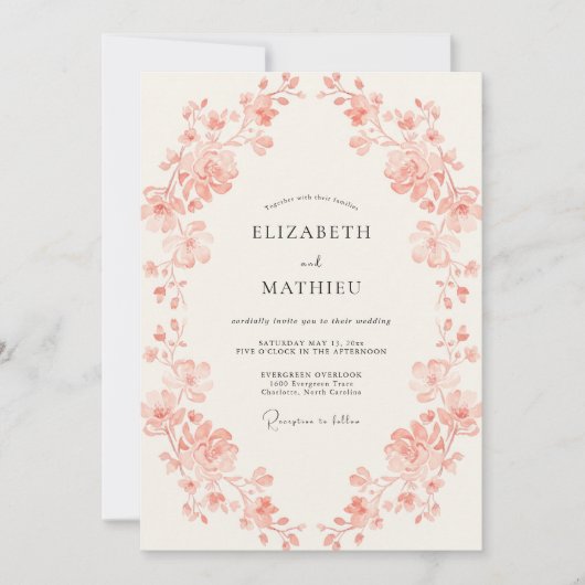 Invitation Mariage Printanier Orné de Pêche (Devant)