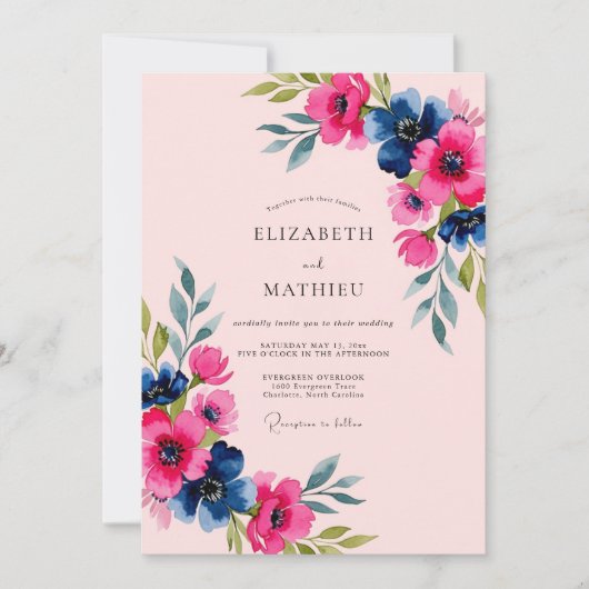 Invitation Mariage Printanier Rose Exubérant (Devant)