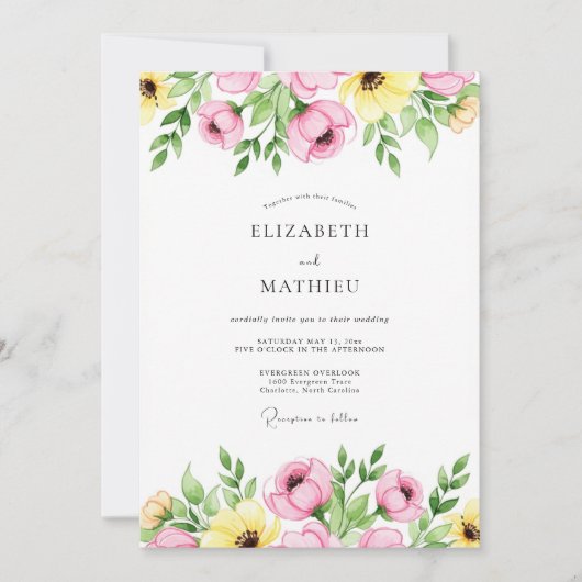 Invitation Mariage Printanier Rose Jaune Joyeux (Devant)