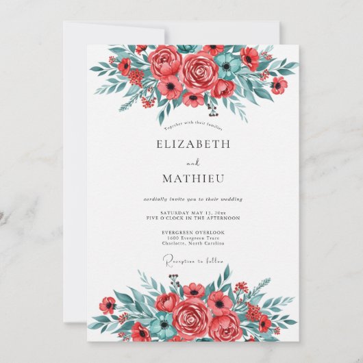 Invitation Mariage printanier rouge sarcelle brillant (Devant)