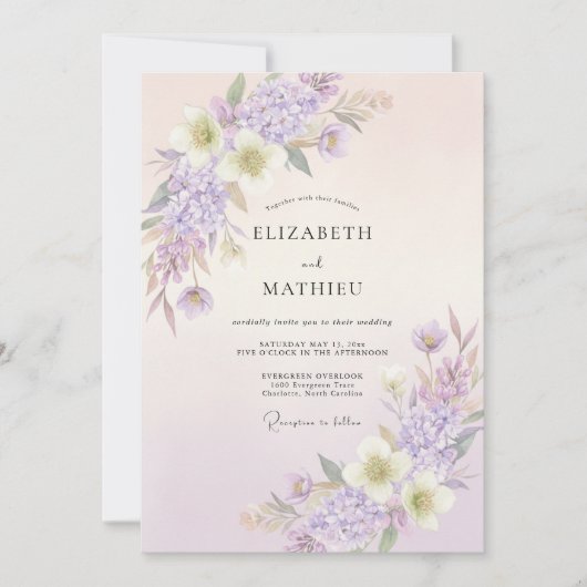 Invitation Mariage Printanier Subtil Lilas (Devant)