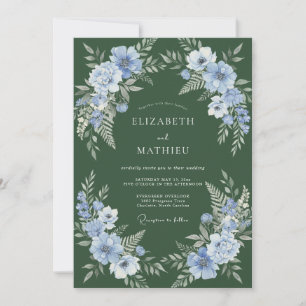 Invitation Mariage printanier verdoyant bleu poussiéreux