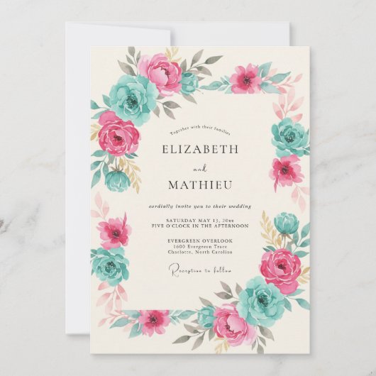 Invitation Mariage Printanier Vibrant Sarcelle (Devant)