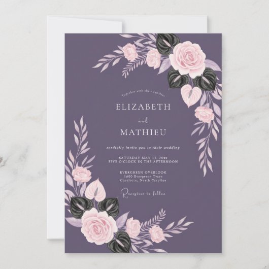 Invitation Mariage Profond Améthyste Feuillu (Devant)