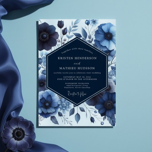 Invitation Mariage Profond Bleu Floral et Maussade