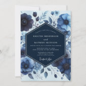 Invitation Mariage Profond Bleu Floral et Maussade (Devant)