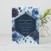 Invitation Mariage Profond Bleu Floral et Maussade (Debout devant)