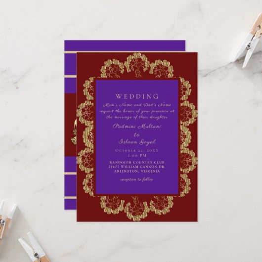 Invitation Mariage profond de style indien II rouge et violet (Devant/Arrière en situation)