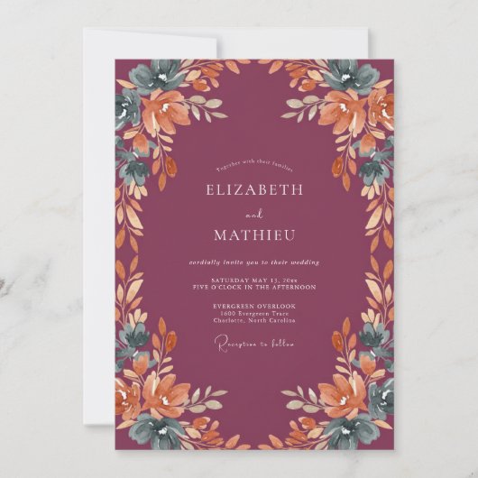 Invitation Mariage Profond Feuillage Cuivré Mauve (Devant)