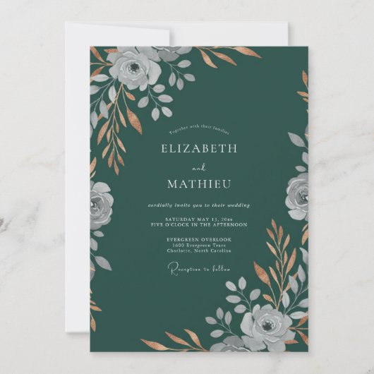 Invitation Mariage Profond Pétrole Feuillu (Devant)