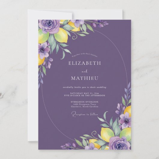 Invitation Mariage profond violet citron eucalyptus (Devant)