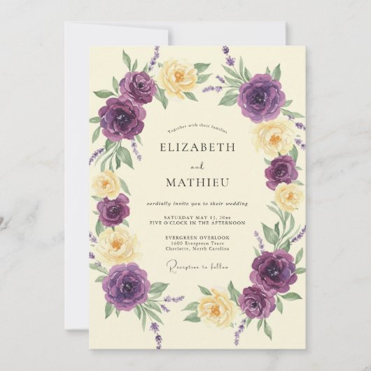 Invitation Mariage profond violet crème ranunculus eucalyptus (Devant)