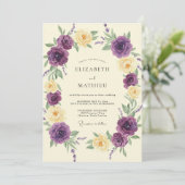 Invitation Mariage profond violet crème ranunculus eucalyptus (Debout devant)